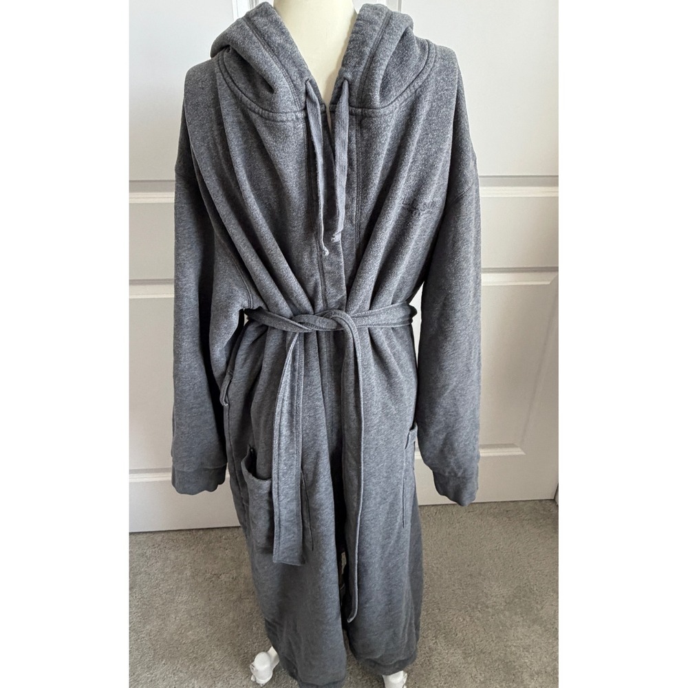LL Bean Mens L Grey Hooded Fleece Robe Plaid Flannel Lined Loungewear Cabincore